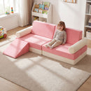 Modular kids play couch in pink with soft sponge, perfect for climbing, crawling, and imaginative play in any room.
