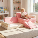 Modular kids play couch in pink, featuring 10 pieces for climbing, crawling, and lounging, perfect for safe playtime.