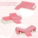 Modular kids play couch in pink, featuring 10 foam pieces for creative configurations and safe playtime activities.