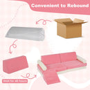 Kids modular play couch set in pink, featuring 10 foam pieces for versatile configurations and safe playtime activities.
