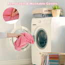 Removable pink cover being placed in a washing machine for the 10-piece kids modular play couch set, ensuring easy.