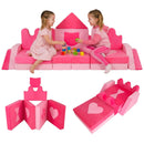 14-piece pink kids play couch set with soft velvet covers, promoting creativity and comfort for imaginative play.