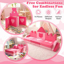 14-piece pink kids play couch set with various shapes, made of high-density sponge and soft velvet for imaginative play.