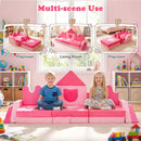 14-piece pink kids play couch set with soft velvet, featuring various shapes for imaginative play and comfort.