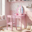 Kids vanity set in pink with lighted unicorn mirror, storage drawers, and matching chair for playful bedroom decor.