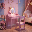 Unicorn-themed kids' vanity set in pink, featuring a lighted mirror and a cozy stool for magical playtime moments.