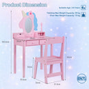 Kids vanity set in pink with lighted unicorn mirror, detachable shelves, and storage drawers for imaginative play.