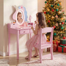 Kids vanity set with lighted unicorn mirror in pink, featuring storage drawers and a matching chair for playful use.