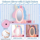 Unicorn-themed kids' vanity set with lighted mirror, pink color, features storage and detachable shelves for versatile.