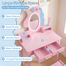 Kids vanity set with lighted unicorn mirror, pink finish, features storage shelves and two large pull-out drawers for.