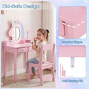 Kids vanity set in pink with lighted unicorn mirror, rounded edges, and detachable shelves for multi-use.