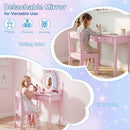 Kids vanity set in pink with lighted unicorn mirror, detachable for writing, includes storage and matching chair.