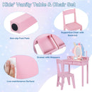 Kids' pink vanity table set with lighted unicorn mirror, detachable shelves, and supportive chair for safe play.
