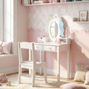 Kids vanity set with lighted unicorn mirror, white table and chair, perfect for playtime or homework in a whimsical.