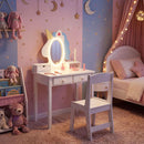 Kids vanity set with lighted unicorn mirror, white table and chair, perfect for playtime and homework in a whimsical.