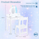 Kids vanity set with lighted unicorn mirror, white finish, includes chair and storage for playtime or homework.