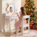 Kids vanity set with lighted unicorn mirror, white table and chair for girls, perfect for playtime and homework.