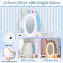 Unicorn-themed kids' vanity set with lighted mirror, featuring adjustable LED lights and ample storage for treasures.