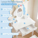 Kids vanity set with lighted unicorn mirror, featuring open shelves, small drawer, and two large pull-out drawers for.