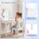 Kids vanity set with lighted unicorn mirror, rounded edges, and storage for safe play and homework in white finish.