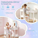 Kids vanity set with lighted unicorn mirror and stool, versatile for play and study, featuring storage and safety.