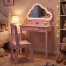 Kids' pink vanity set with lighted cloud mirror, storage drawers, and matching stool for girls' playroom or bedroom.