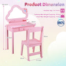 Kids vanity set with lighted cloud mirror and stool in pink, featuring storage hooks and detachable shelves for.