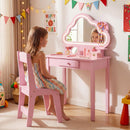 Kids' pink vanity set with cloud mirror, storage drawers, and chair, perfect for playtime and homework in a child's.
