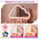 Cloud-shaped lighted mirror with adjustable LED colors, part of a pink kids' vanity set with ample storage for.