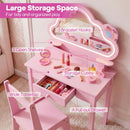 Kids vanity set in pink with lighted cloud mirror, featuring storage cubby, drawer, and bracelet hooks for organized.