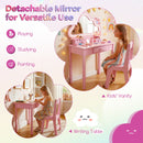 Kids' vanity set in pink with lighted cloud mirror, detachable for use as a writing table, includes storage and chair.