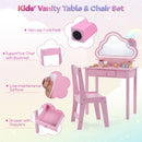 Kids' vanity table and chair set in pink with cloud mirror, storage drawer, and non-slip foot pads for safe play.