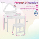 Kids vanity set with cloud-shaped lighted mirror and stool, featuring storage hooks and shelves for organized play.