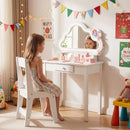 Kids vanity set with lighted cloud mirror and stool, featuring ample storage and a charming design for playtime or.