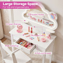 Kids vanity set with lighted cloud mirror, featuring 3 bracelet hooks, wide tabletop, and pull-out drawer for organized.