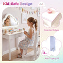 Kids vanity set with lighted cloud mirror, rounded edges, and storage for accessories, perfect for little girls' rooms.