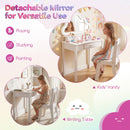 Kids' vanity set with lighted cloud mirror, detachable for writing table use, featuring ample storage and safety design.