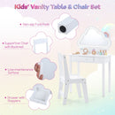 Kids' vanity table set with cloud-shaped LED mirror, white finish, and storage drawer for organized playtime.