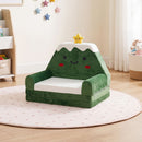 Green 2-in-1 toddler sofa converts to a bed, featuring soft velvet fabric and rounded edges for safety and comfort.