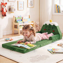 Cozy green 2-in-1 toddler sofa bed with cute mountain design, perfect for reading and playing in a child's room.