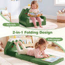 Kids 2-in-1 folding sofa and lounger in green, featuring soft sponge support and playful designs for comfortable playtime.