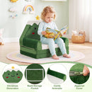 Convertible green toddler sofa to bed with back storage pocket, comfy armrests, and zippered cover for easy cleaning.