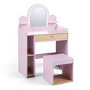 Kids' pink pretend makeup dressing table set with lighted mirror, pull-out drawer, and two small shelves for organized play.