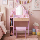 Children's pink vanity set featuring a lighted mirror, matching stool, and two small shelves for organized playtime fun.