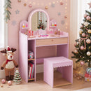 Pink pretend makeup dressing table set with lighted mirror, storage compartments, and matching stool for children aged 3+.