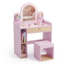 Pink kids vanity set featuring a lighted mirror, pull-out drawer, and under-seat shelf for versatile storage and play.