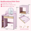 Multifunctional pink kids dressing table set with lighted mirror, pull-out drawer, and two small shelves for organized play.