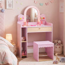 Pink pretend makeup dressing table set with lighted mirror, storage shelves, and matching stool for children aged 3+.