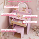 Pink pretend makeup dressing table set with lighted mirror, 2 small shelves, pull-out drawer, and spacious tabletop for kids.