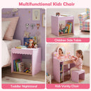 Multifunctional kids vanity set in pink with lighted mirror, storage shelves, and matching stool for imaginative play.